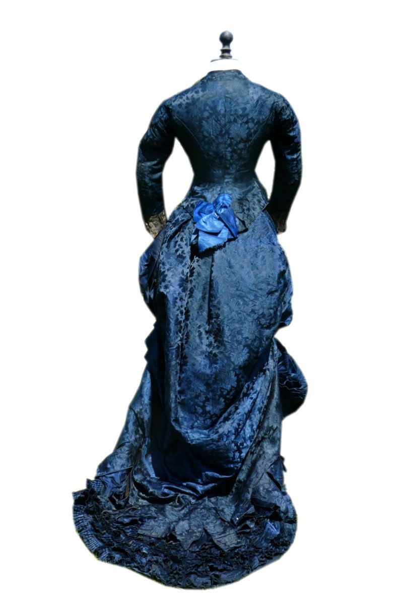 Robe &agrave; Tournure &amp; Traine &eacute;poque 1880 , Costume XIXe , Soie Bleue , Mode Napol&eacute;on III Faux Cul-photo-7