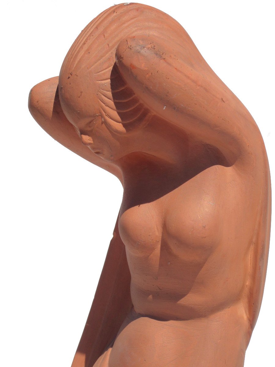 Large Art Deco Terracotta Sculpture Young Naked Erotic Woman Curiosa 1920 Signed Ondine-photo-4