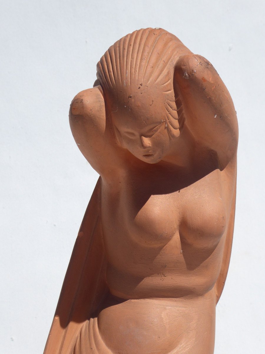 Large Art Deco Terracotta Sculpture Young Naked Erotic Woman Curiosa 1920 Signed Ondine-photo-3