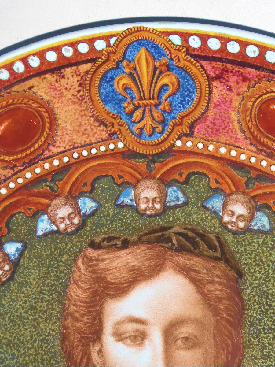 Grand Plat Royaliste , Portrait De La Princesse Marie Isabelle d'Orléans Comtesse De Paris , époque Napoléon III , Creil & Montereau , Fleur de Lys-photo-3