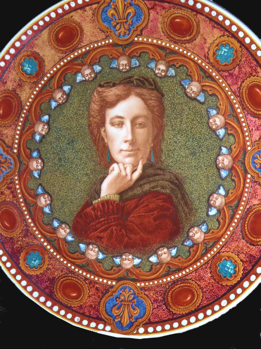 Grand Plat Royaliste , Portrait De La Princesse Marie Isabelle d'Orléans Comtesse De Paris , époque Napoléon III , Creil & Montereau , Fleur de Lys-photo-1
