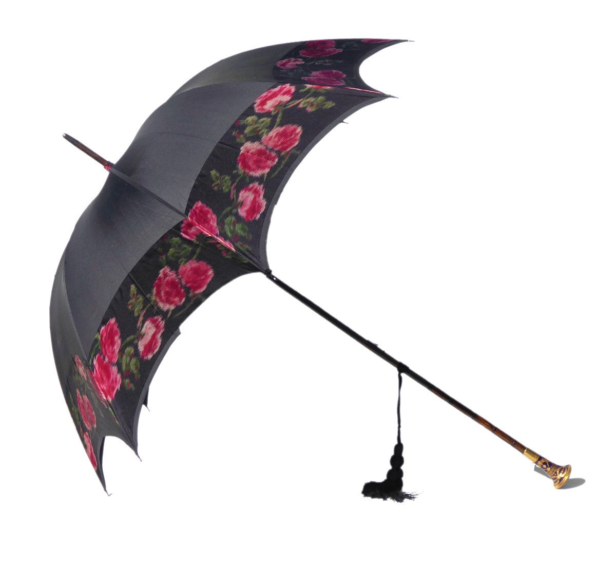 Large Parasol Circa 1910, Enameled Porcelain Knob, Woman Style Mucha Silk 1900 Umbrella
