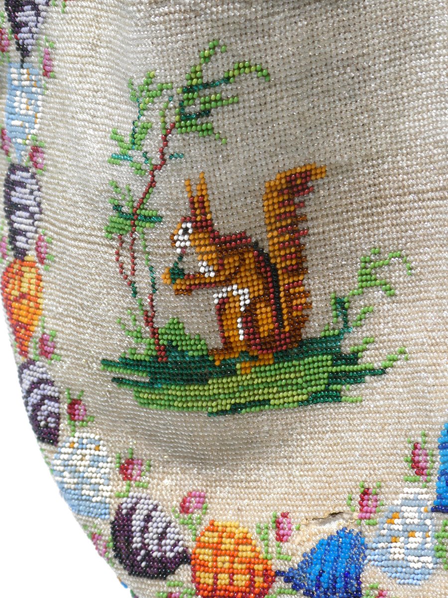 Napoleon III Style Beaded Handbag, Squirrel Decor And Pansies, Nineteenth Reticule,-photo-2