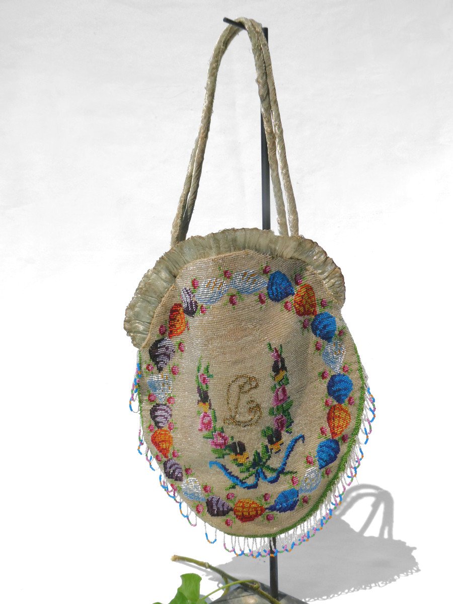 Napoleon III Style Beaded Handbag, Squirrel Decor And Pansies, Nineteenth Reticule,-photo-4