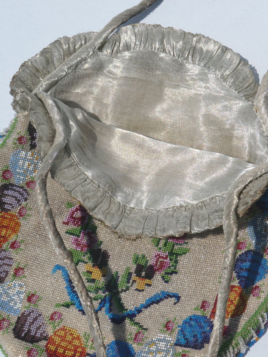 Napoleon III Style Beaded Handbag, Squirrel Decor And Pansies, Nineteenth Reticule,-photo-4