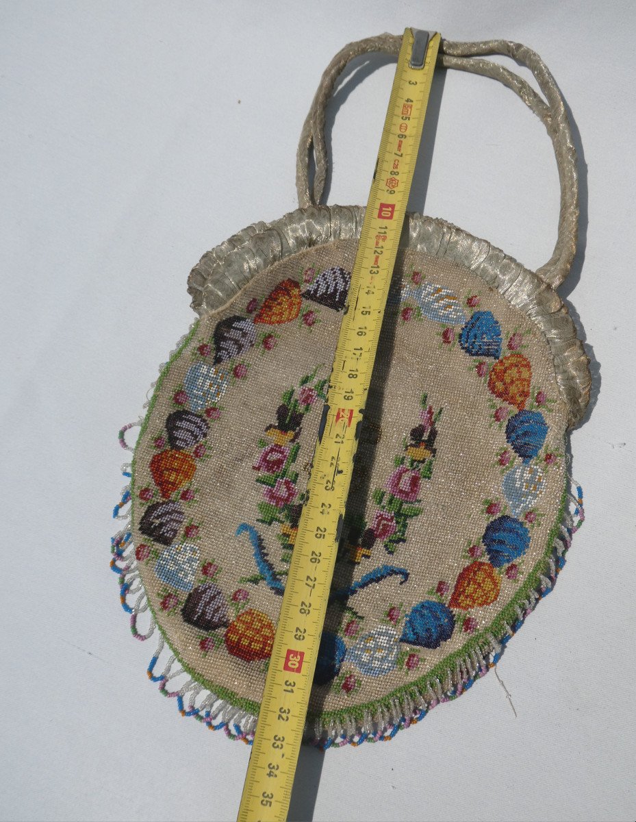 Napoleon III Style Beaded Handbag, Squirrel Decor And Pansies, Nineteenth Reticule,-photo-5