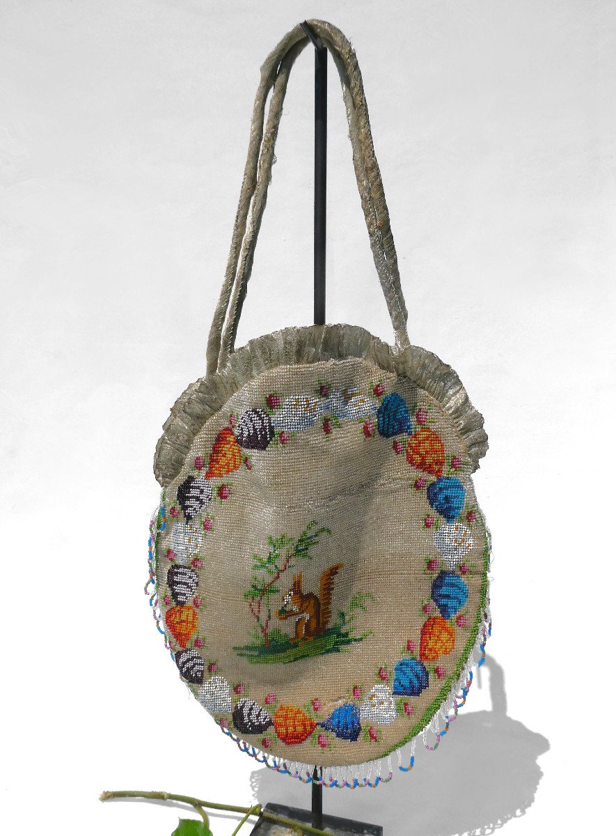 Napoleon III Style Beaded Handbag, Squirrel Decor And Pansies, Nineteenth Reticule,