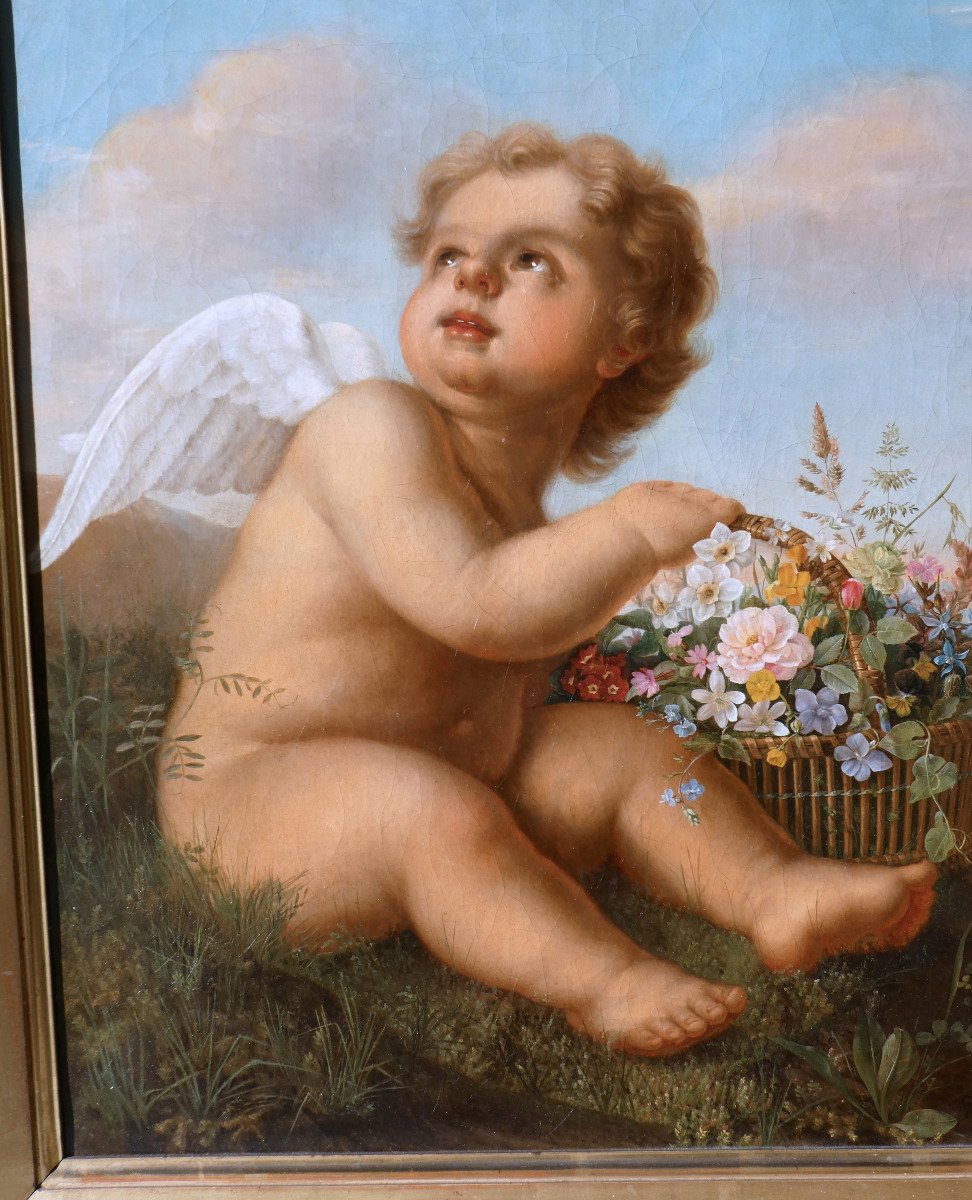 Oil On Canvas, 1820 Period, Cupid With A Basket Of Flowers, Nineteenth, Romantic, Mythological-photo-2