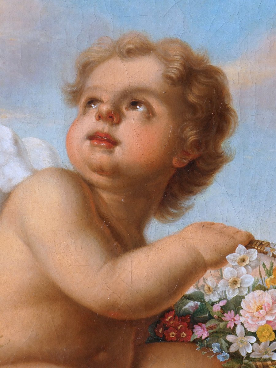 Oil On Canvas, 1820 Period, Cupid With A Basket Of Flowers, Nineteenth, Romantic, Mythological-photo-3