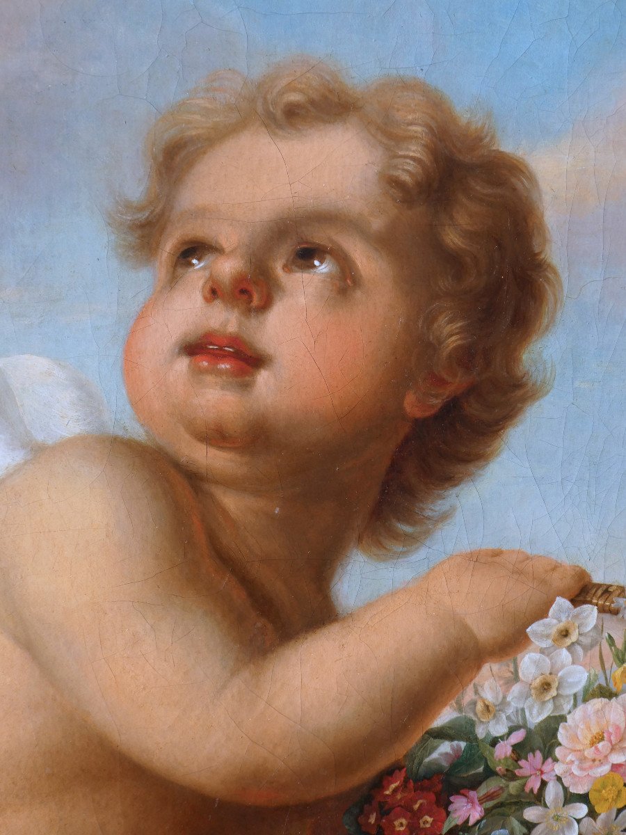 Oil On Canvas, 1820 Period, Cupid With A Basket Of Flowers, Nineteenth, Romantic, Mythological-photo-4