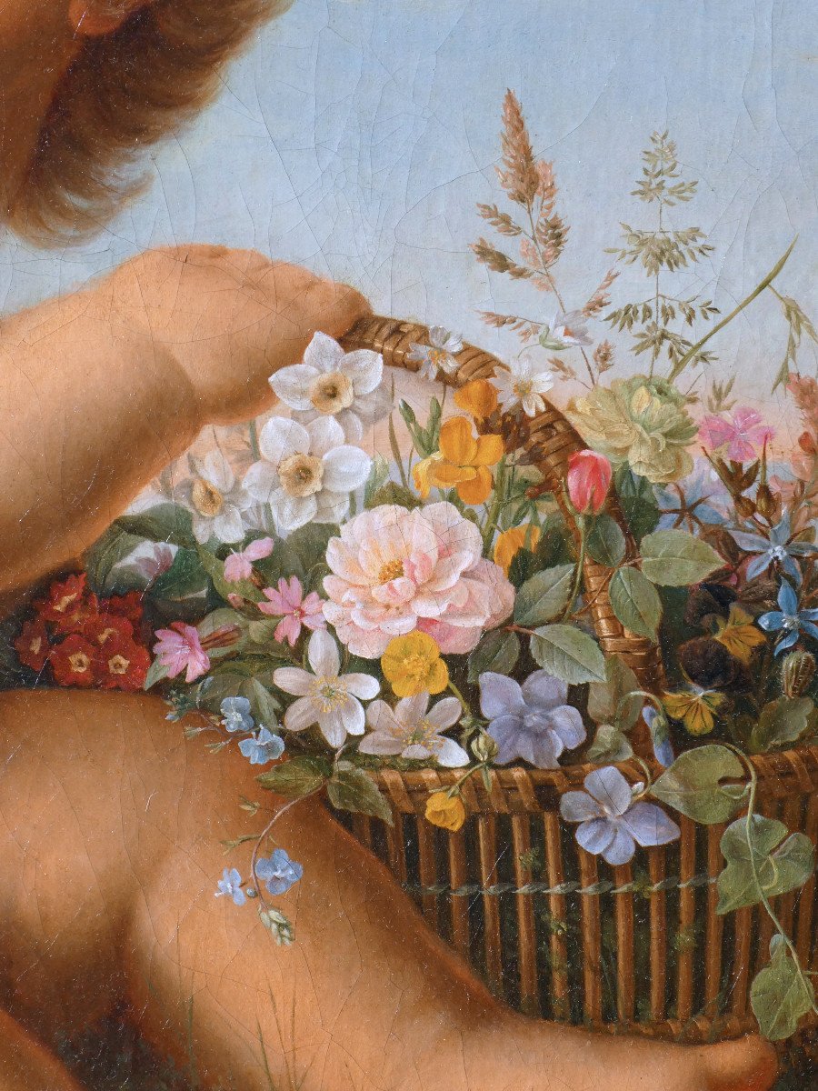 Oil On Canvas, 1820 Period, Cupid With A Basket Of Flowers, Nineteenth, Romantic, Mythological-photo-1