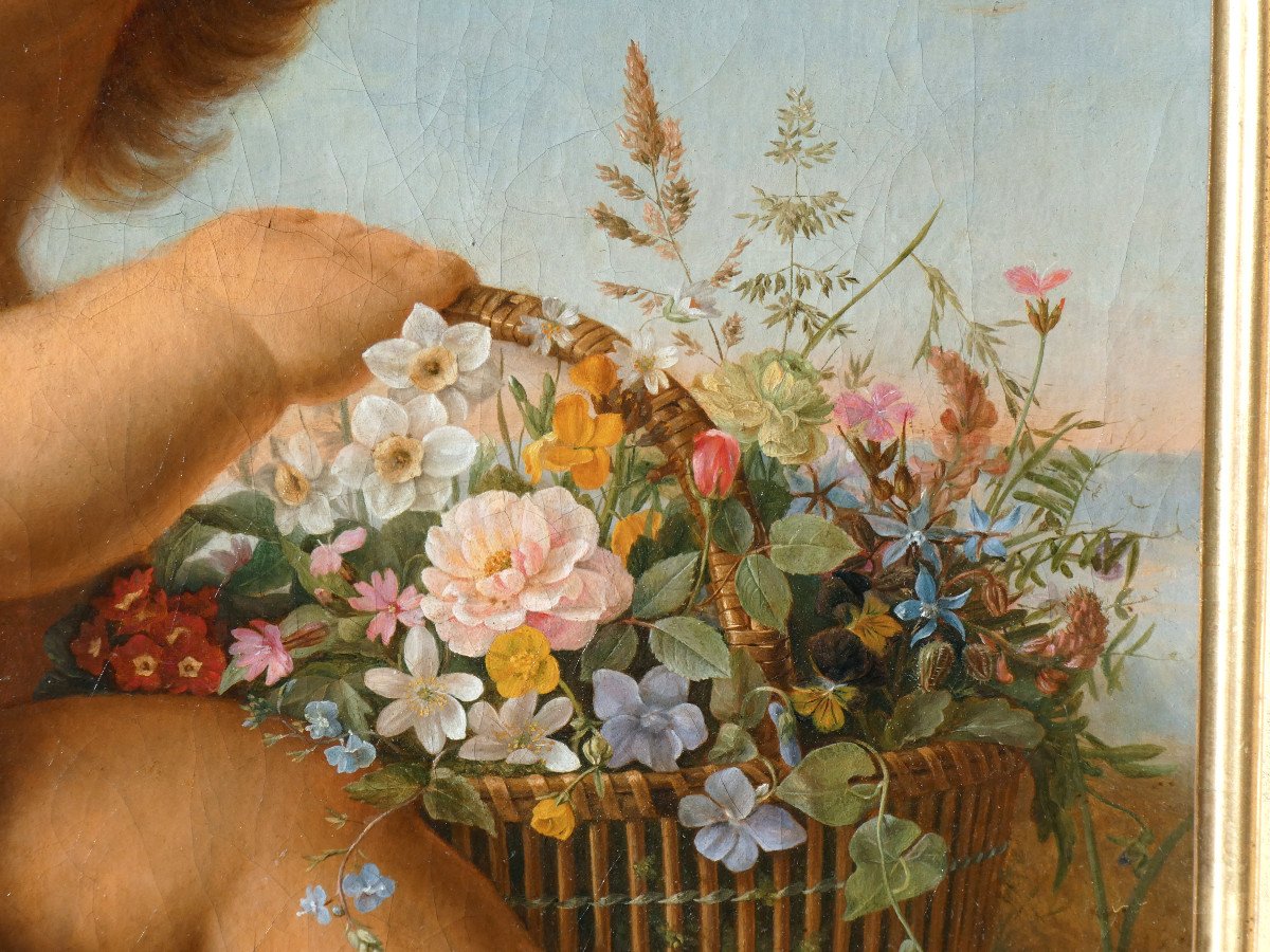 Oil On Canvas, 1820 Period, Cupid With A Basket Of Flowers, Nineteenth, Romantic, Mythological-photo-7