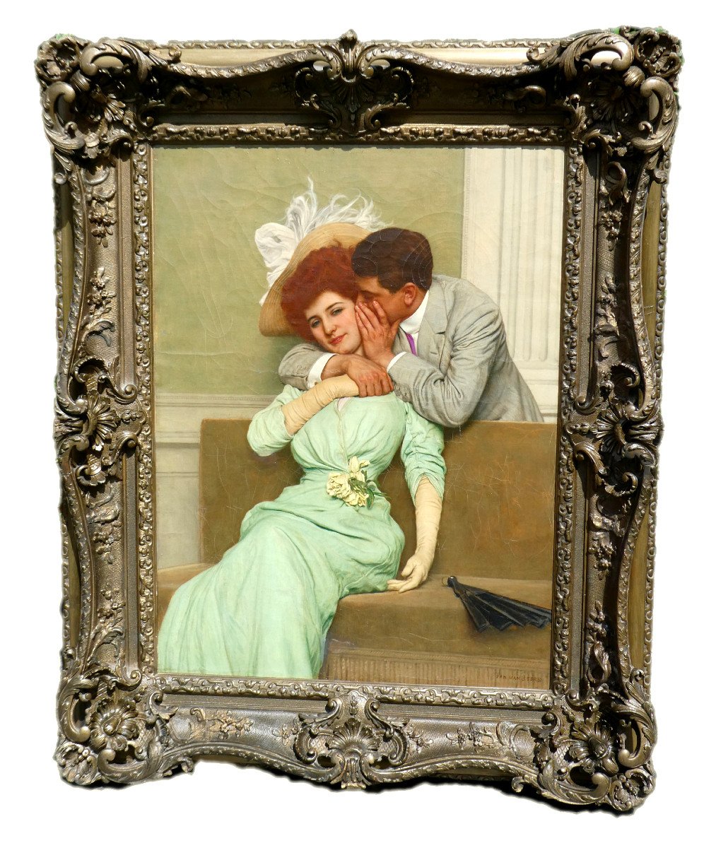 Oil On Canvas, Galante Scene 1900, Signed Jan Van Beers Le Jeune, The Secret, Nineteenth