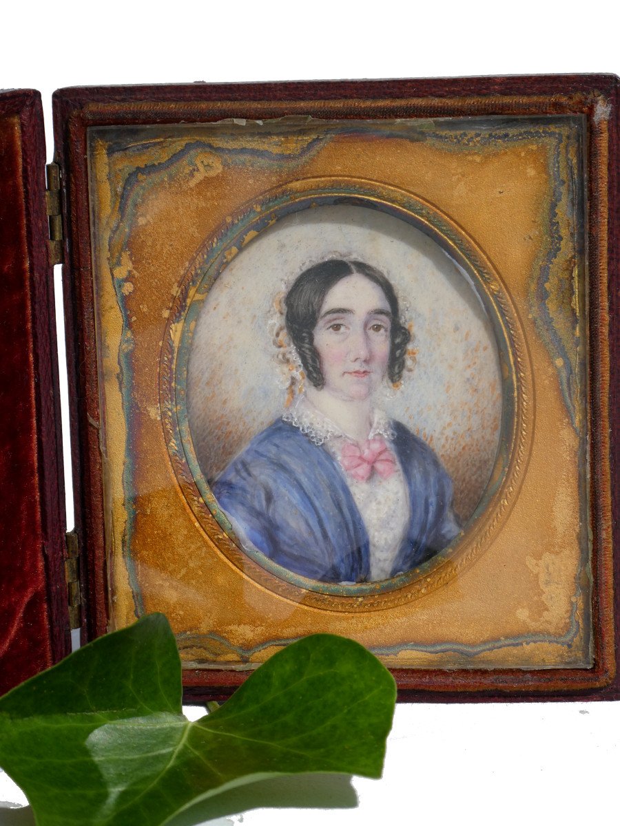 Miniature Portrait Of A Woman Of Quality Napoleon III Period, Nineteenth Watercolor, Box-photo-2