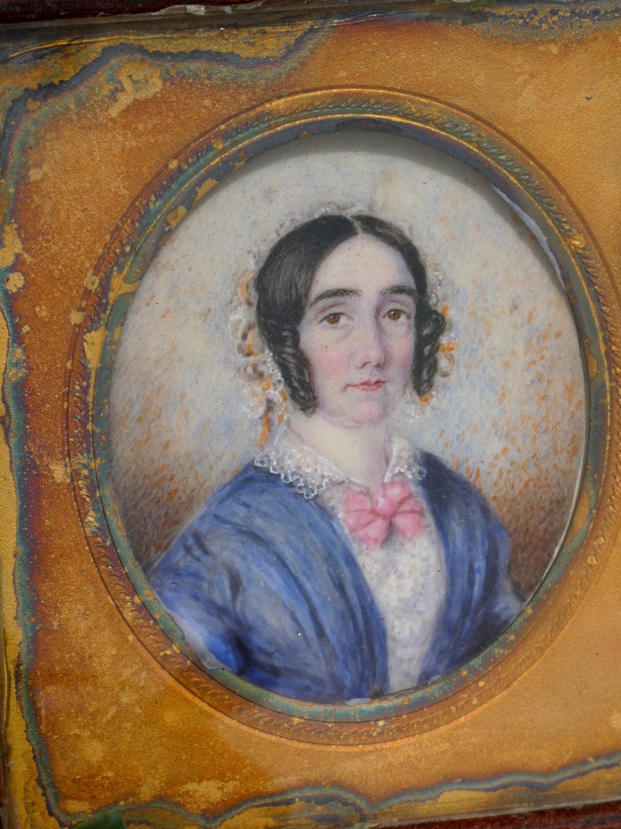 Miniature Portrait Of A Woman Of Quality Napoleon III Period, Nineteenth Watercolor, Box-photo-3