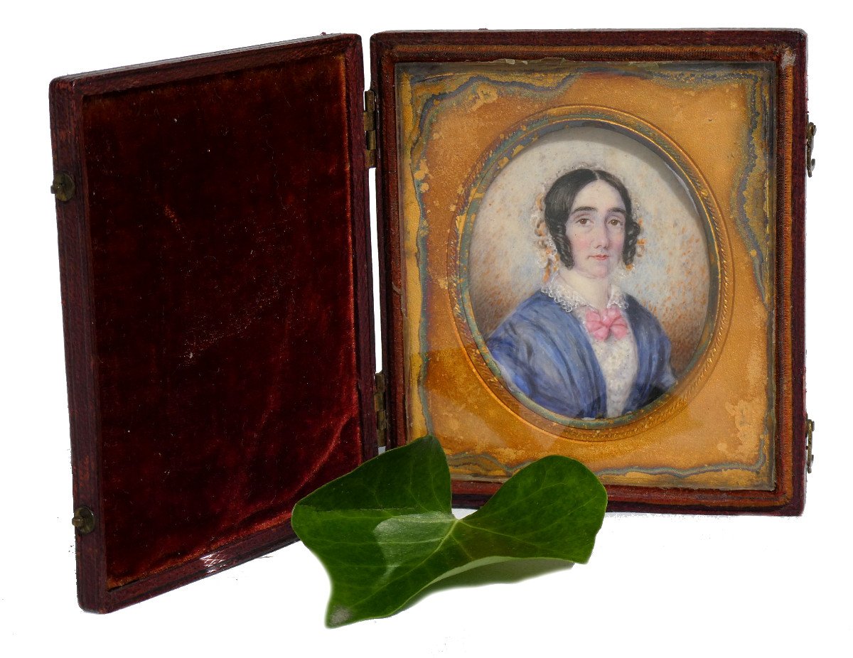 Miniature Portrait Of A Woman Of Quality Napoleon III Period, Nineteenth Watercolor, Box