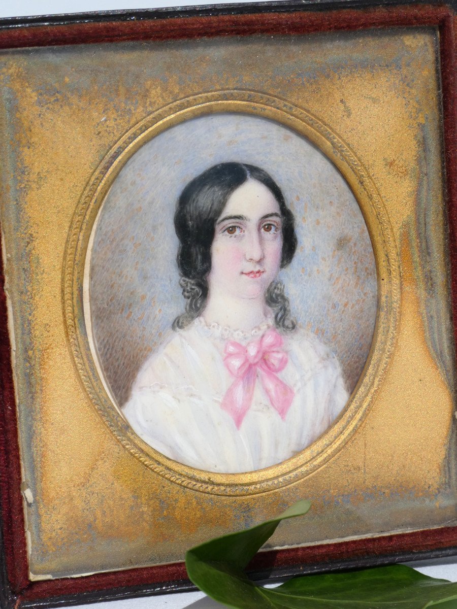 Miniature Portrait Of Young Woman Of Quality Napoleon III Period, Nineteenth Watercolor, Box-photo-3