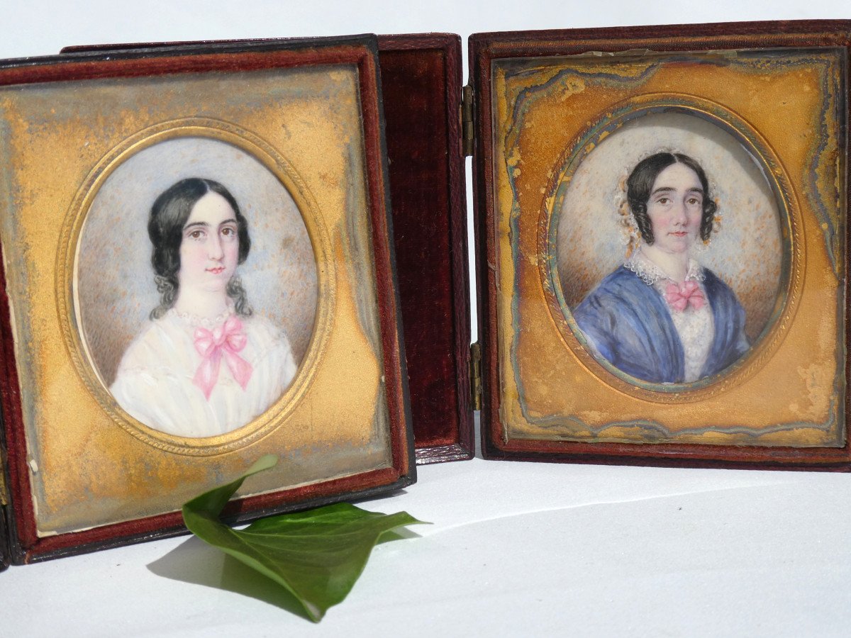 Miniature Portrait Of Young Woman Of Quality Napoleon III Period, Nineteenth Watercolor, Box-photo-4