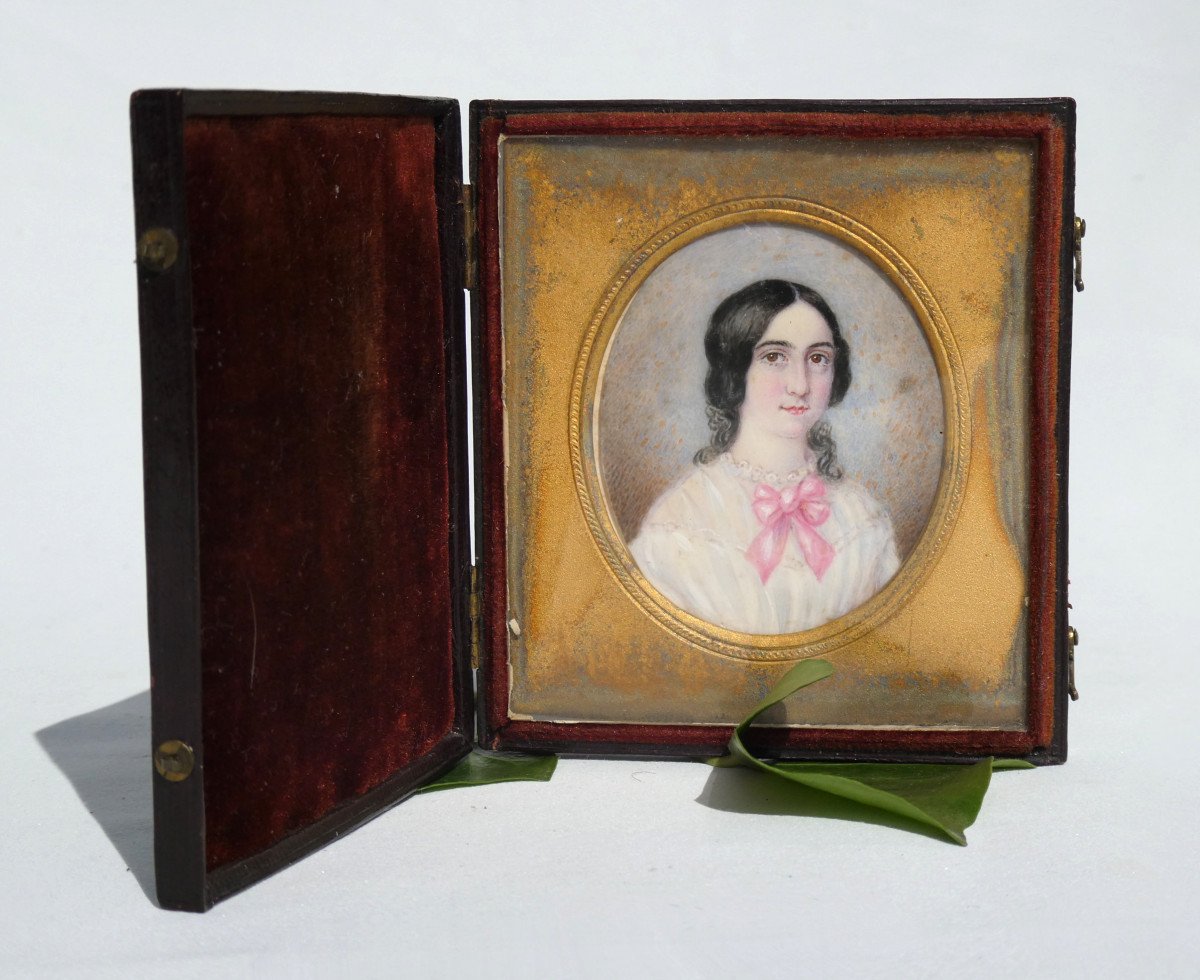 Miniature Portrait Of Young Woman Of Quality Napoleon III Period, Nineteenth Watercolor, Box