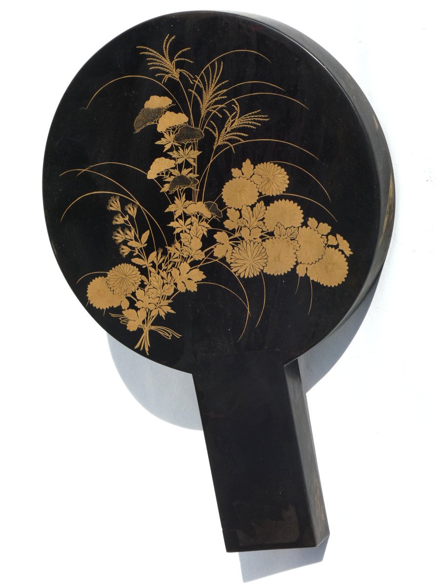 Hand Mirror In Silver Bronze, Japanese Lacquer, Meiji Era, 19th Century Kagkimi Kagami-photo-2