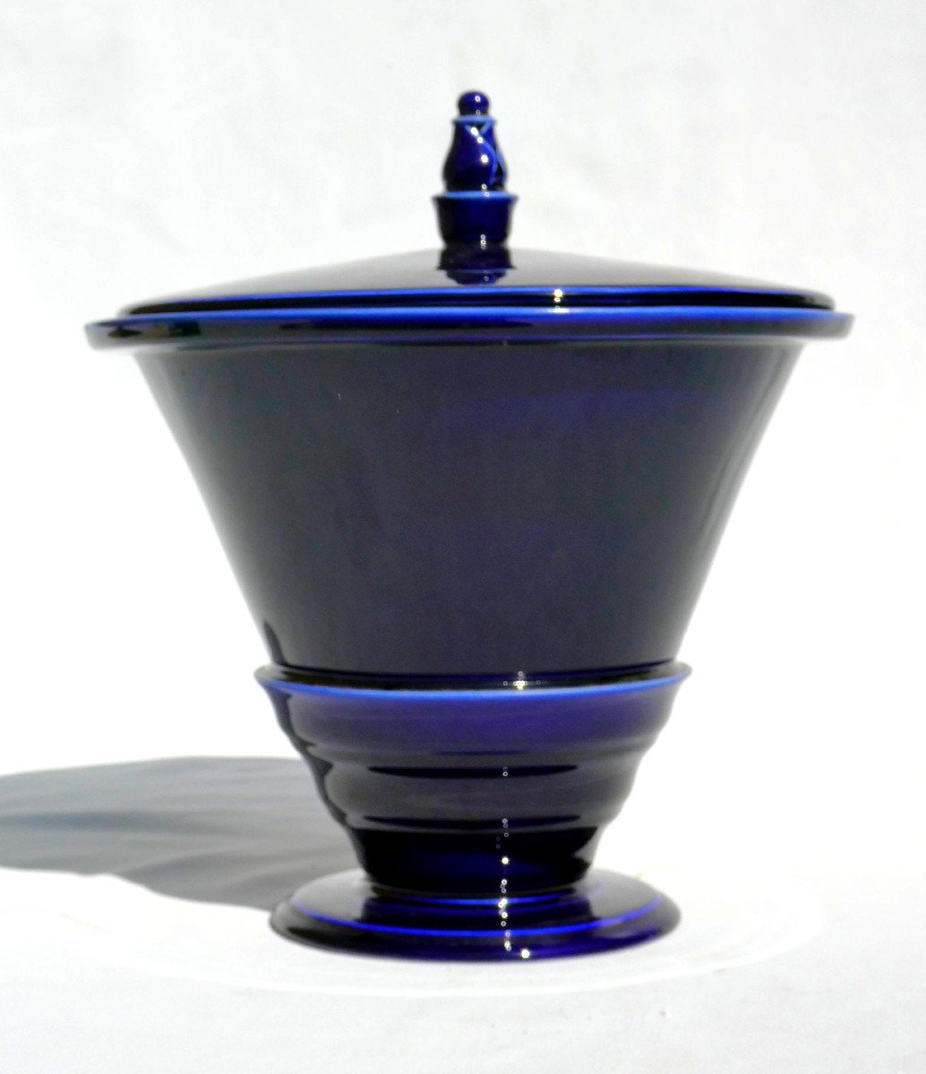 Large Porcelain Vase / Covered Pot, Japanese Shape, Art Deco Style Oven Blue-photo-1