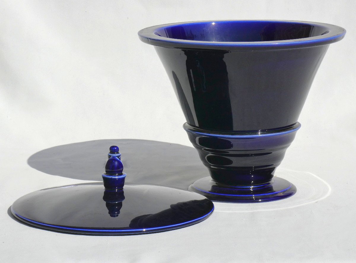 Large Porcelain Vase / Covered Pot, Japanese Shape, Art Deco Style Oven Blue-photo-3
