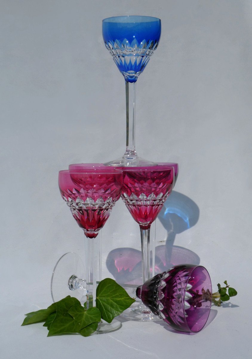 Set Of 6 Colored Crystal Wine Glasses, Roemer 1930 Art Deco, Val Saint Lambert / Louis-photo-2