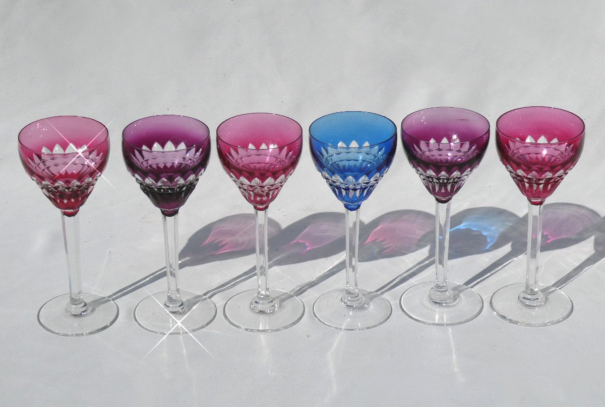 Set Of 6 Colored Crystal Wine Glasses, Roemer 1930 Art Deco, Val Saint Lambert / Louis-photo-3