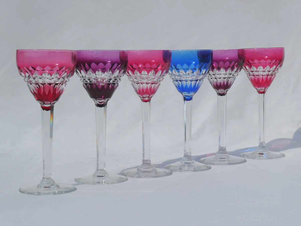 Set Of 6 Colored Crystal Wine Glasses, Roemer 1930 Art Deco, Val Saint Lambert / Louis-photo-4
