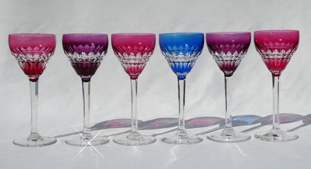 Set Of 6 Colored Crystal Wine Glasses, Roemer 1930 Art Deco, Val Saint Lambert / Louis