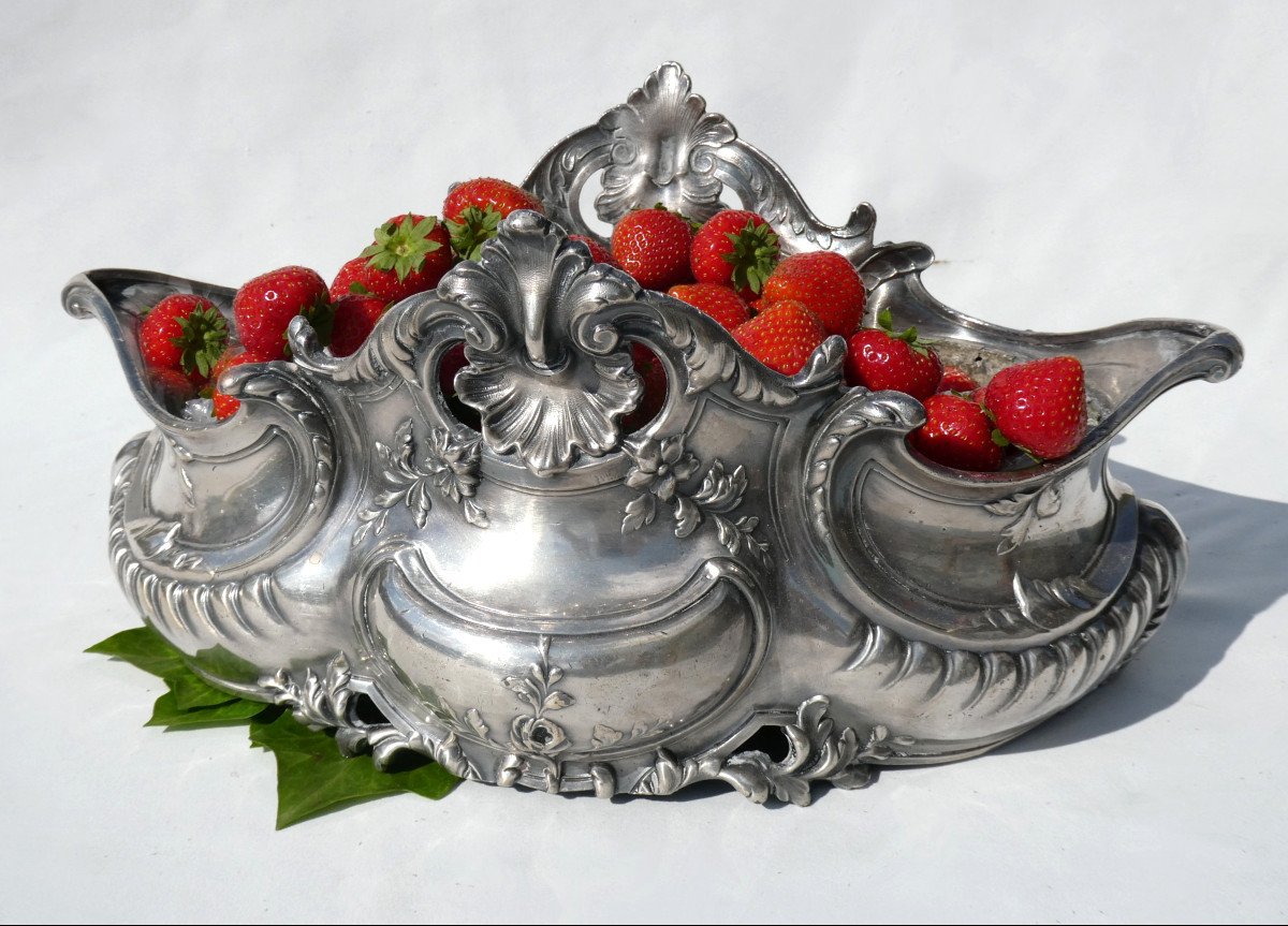 Table Planter In Silver Metal, Louis XV Style, Rocaille, 19th Century, Napoleon III