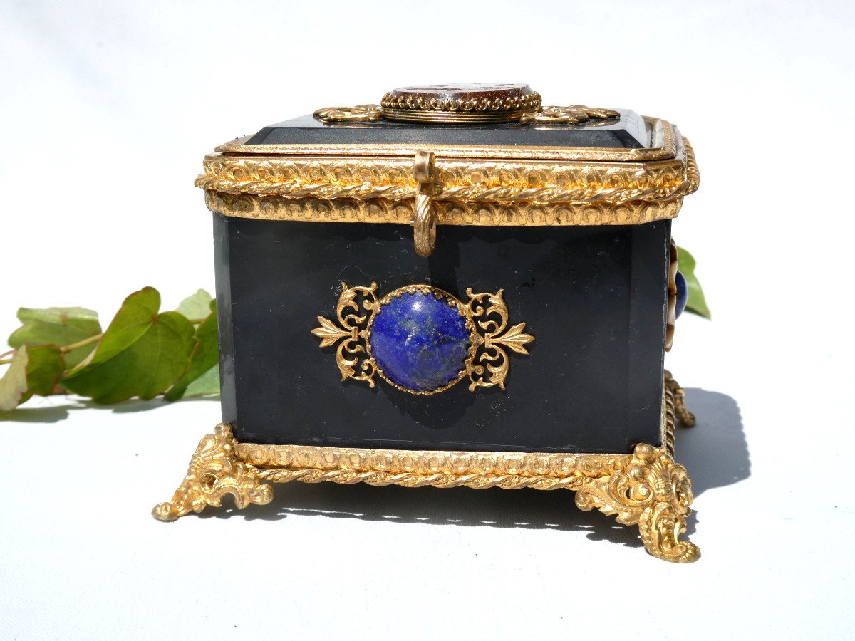 Napoleon III Period Jewelry Box, Marble, Aventurine, 19th Century Hard Stones, Case, Box