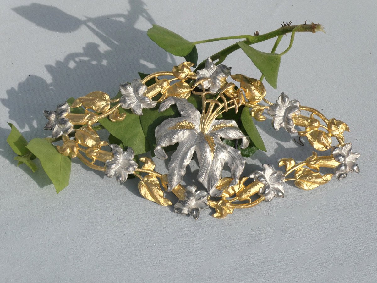 Very Large Art Nouveau Period Belt Buckle, Floral Decor Circa 1900, Mucha Style, Golden-photo-1