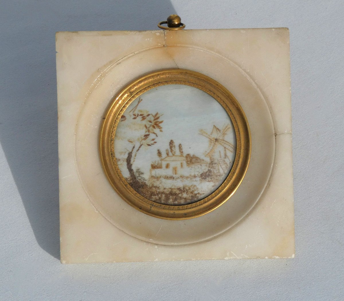 Miniature Epoque Charles X , Broderie De Cheveux , Paysage , Cabinet De Curiosités XIXe 1820-photo-2