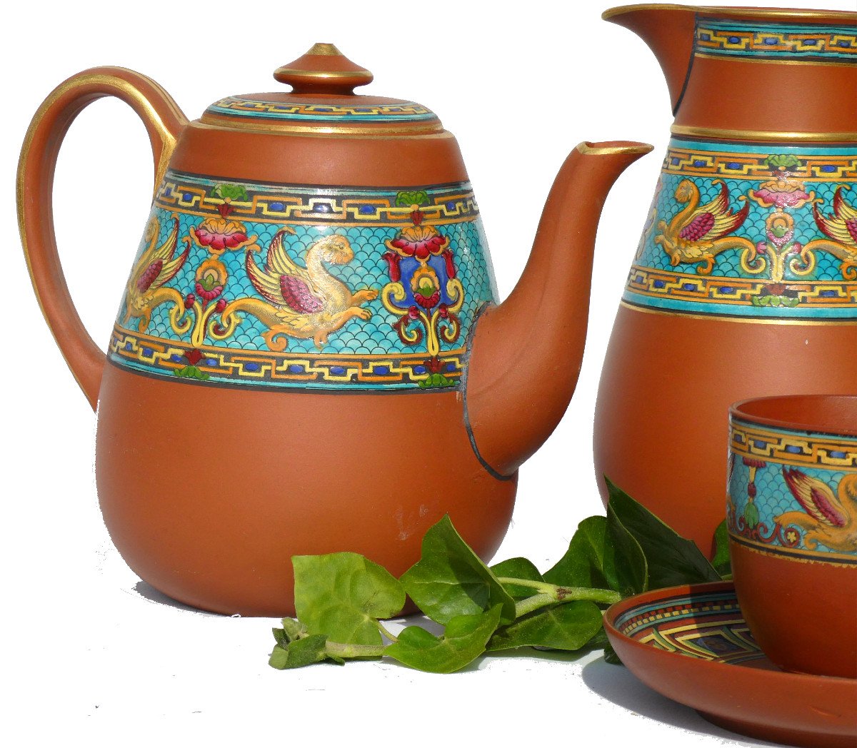 Service Thé / Café Terre Cuite Emaillée Watcombe Christopher Dresser Napoléon III Sevres XIXe-photo-3