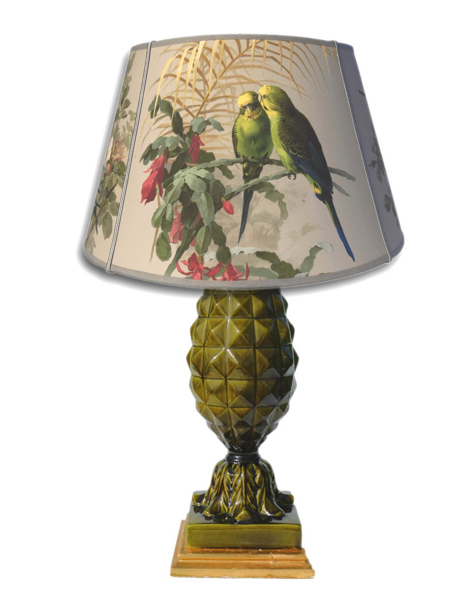 Grande Lampe De Salon / Table En Faience Italienne 1960 , Majolica Décor à l'Ananas , Vert 