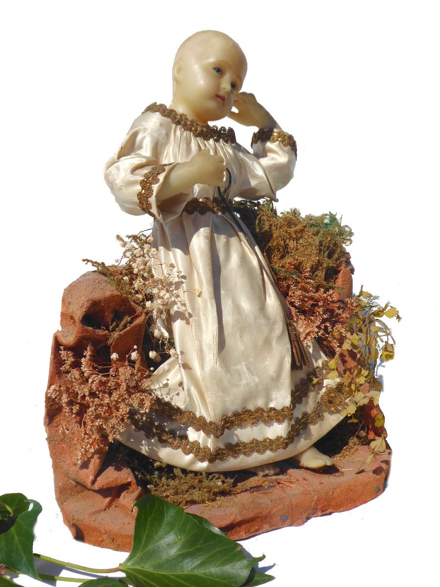 Jésus De Crèche En Cire , époque Napoléon III , Bébé XIXe , Jesus De Creche Sur Rocher Nativity-photo-6