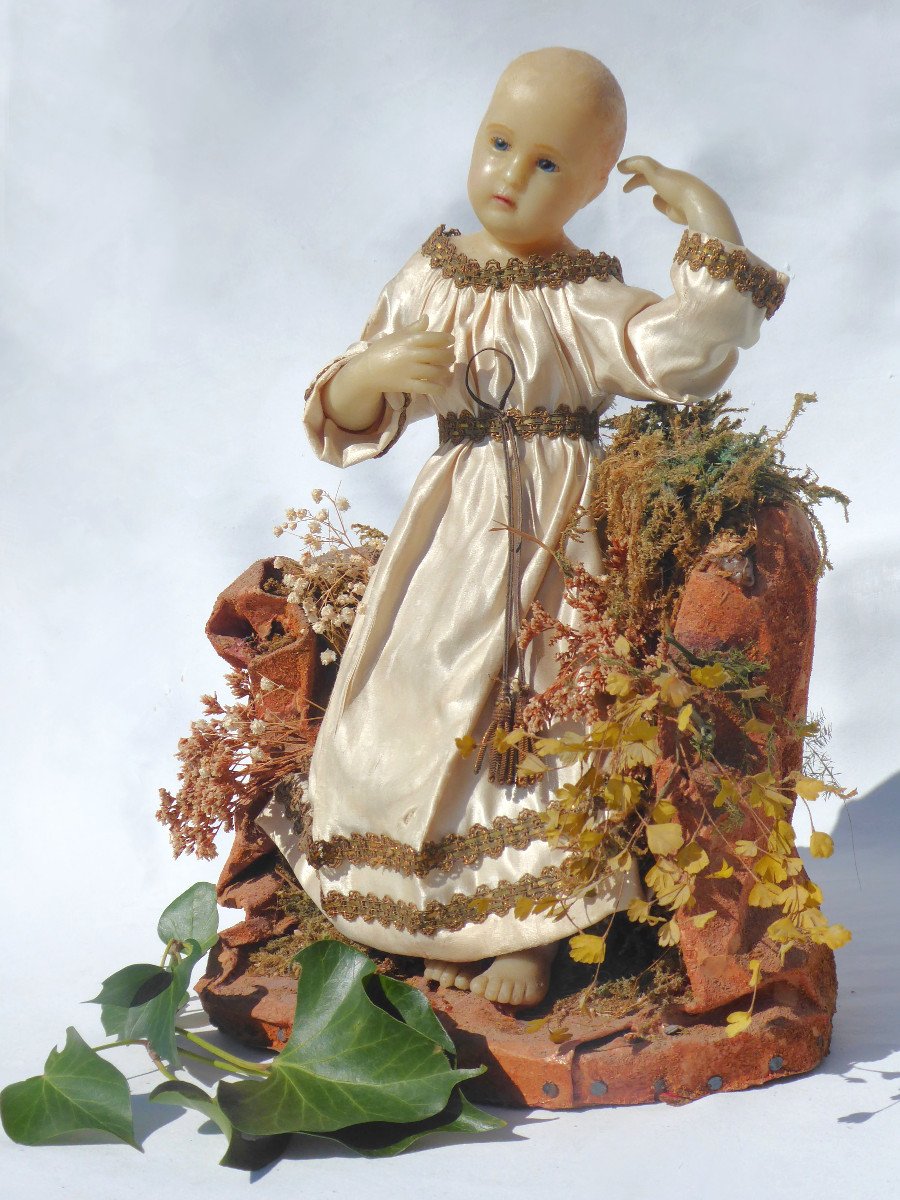 Jésus De Crèche En Cire , époque Napoléon III , Bébé XIXe , Jesus De Creche Sur Rocher Nativity