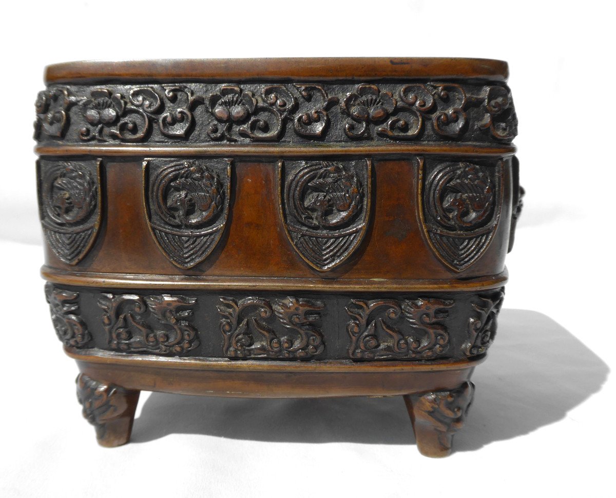 Jardiniere De Table / Brule Parfum En Bronze Patine , Decor Asiatique Chine , Epoque XIXe Siecle Chien De Fo-photo-2