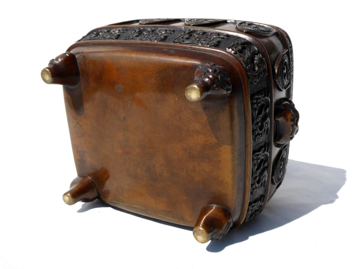 Jardiniere De Table / Brule Parfum En Bronze Patine , Decor Asiatique Chine , Epoque XIXe Siecle Chien De Fo-photo-4