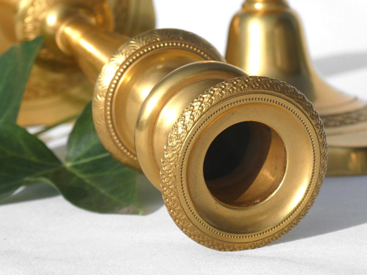 Pair Of Golden Metal Flambeau Candlesticks, Napoleon III, 19th Century Empire Style, Candlesticks-photo-2