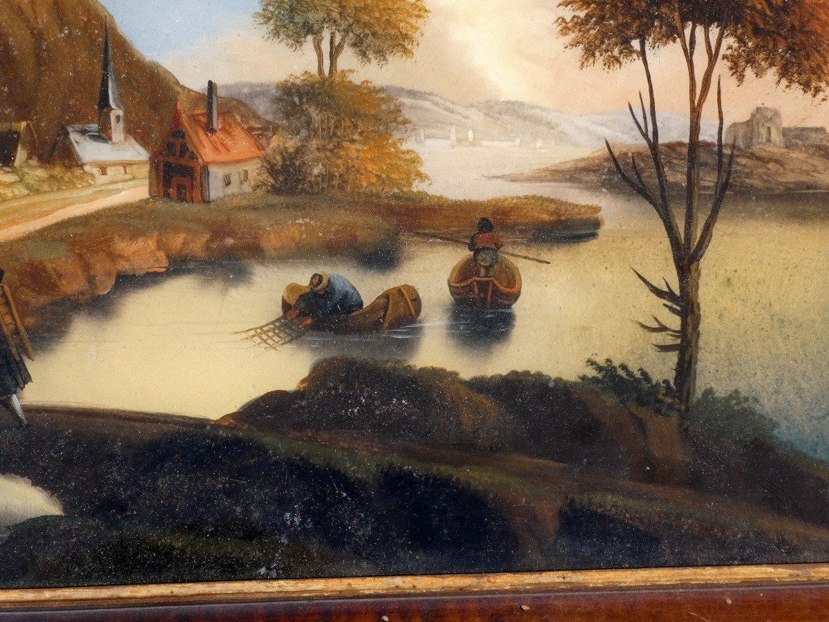 Grande Peinture Fixée Sous Verre époque XVIIIe Siecle Scène Villageoise , Lac , Petits Metiers-photo-2
