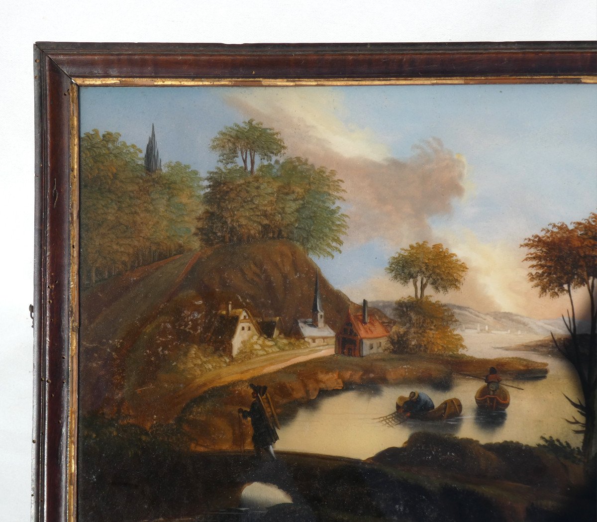 Grande Peinture Fixée Sous Verre époque XVIIIe Siecle Scène Villageoise , Lac , Petits Metiers-photo-4