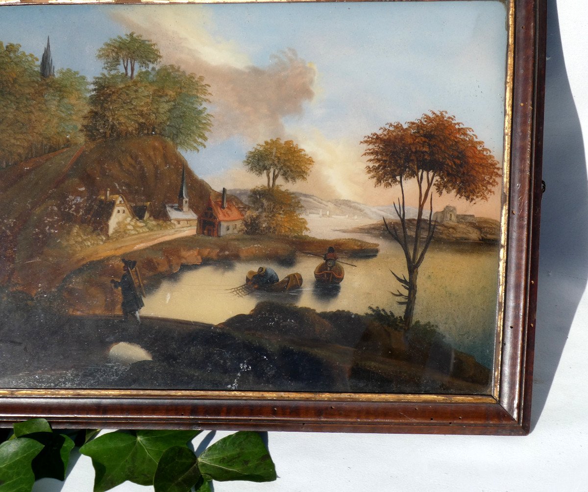 Large Painting Fixed Under Glass 18th Century Village Scene, Lake, Small Trades-photo-1