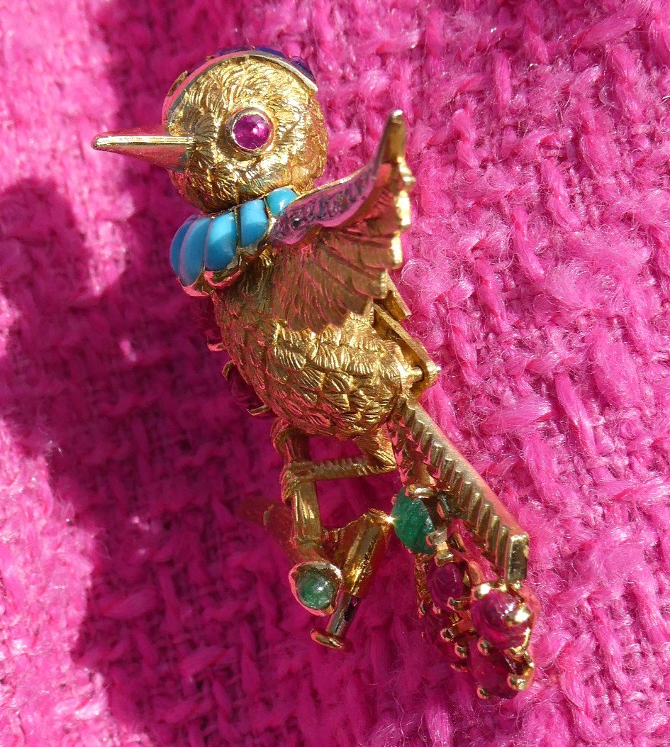 Broche Articul&eacute;e Mauboussin &eacute;poque 1960 , Oiseau En Or , Platine , Diamants , Saphire , Rubis &amp; Turquoise , oiseau branch&eacute; , Bijou-photo-4