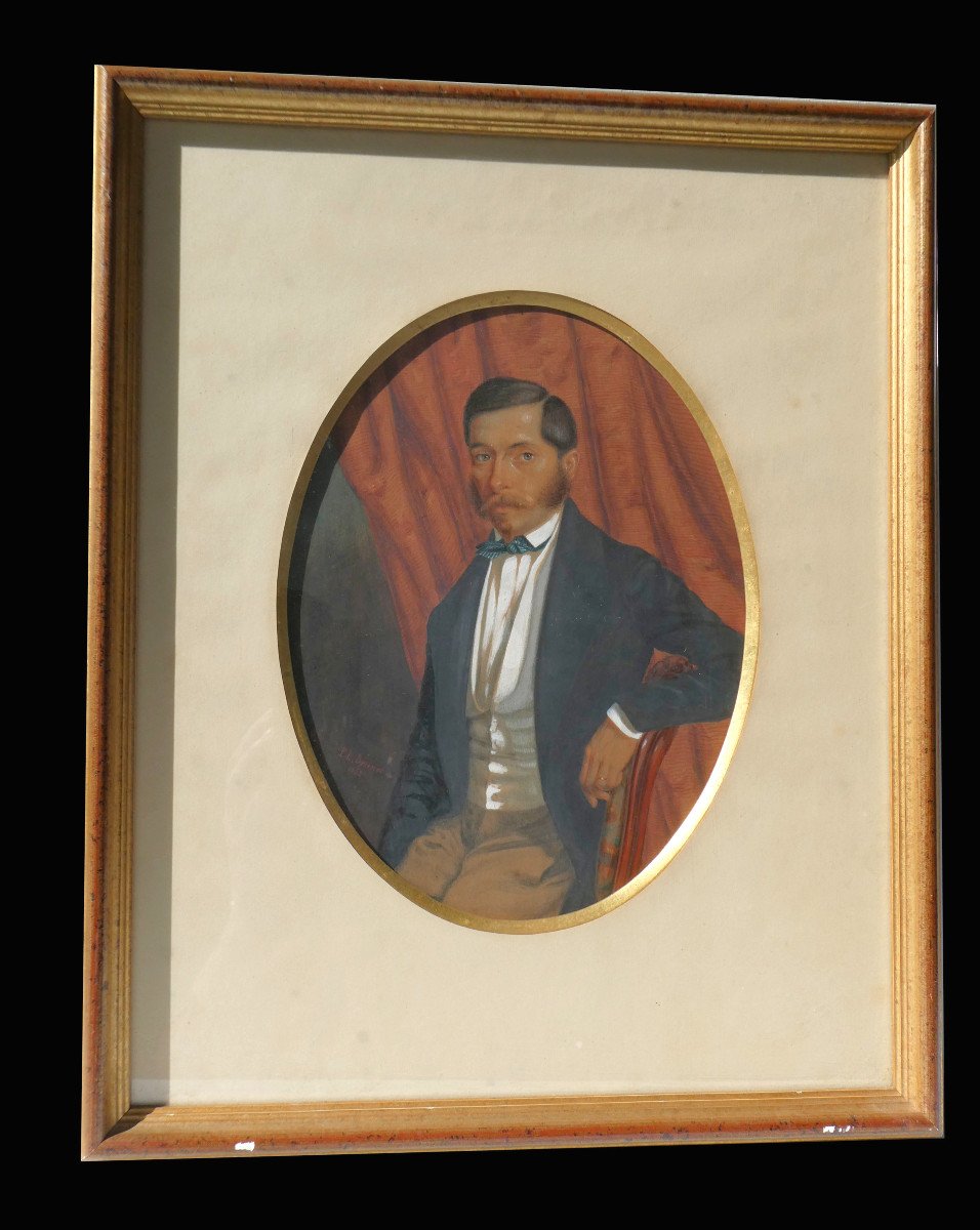 Portrait De Dandy Epoque Napoleon III , Jeune Homme Aquarelle Signé Brunet XIXe Dessin 1850-photo-2