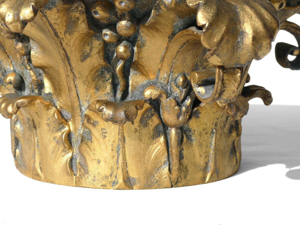 Chapiteau Corinthien En Bronze Doré , époque Napoléon III , XIXe , Element d'Architecture Socle-photo-3