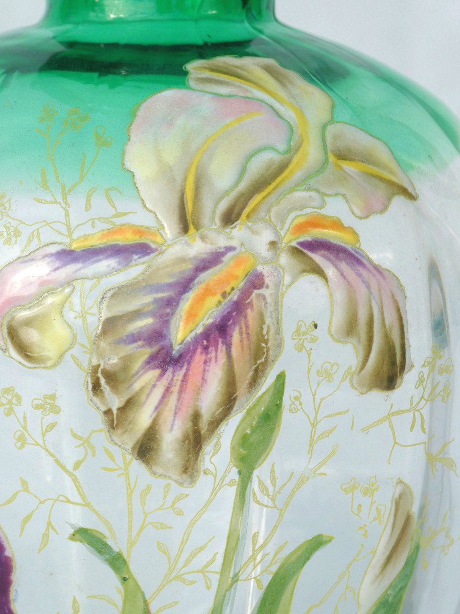 Broc En Verre Emaillé Legras , Décor d'Iris Style Art Nouveau , Epoque 1900 XIXe Carafe Pichet-photo-2