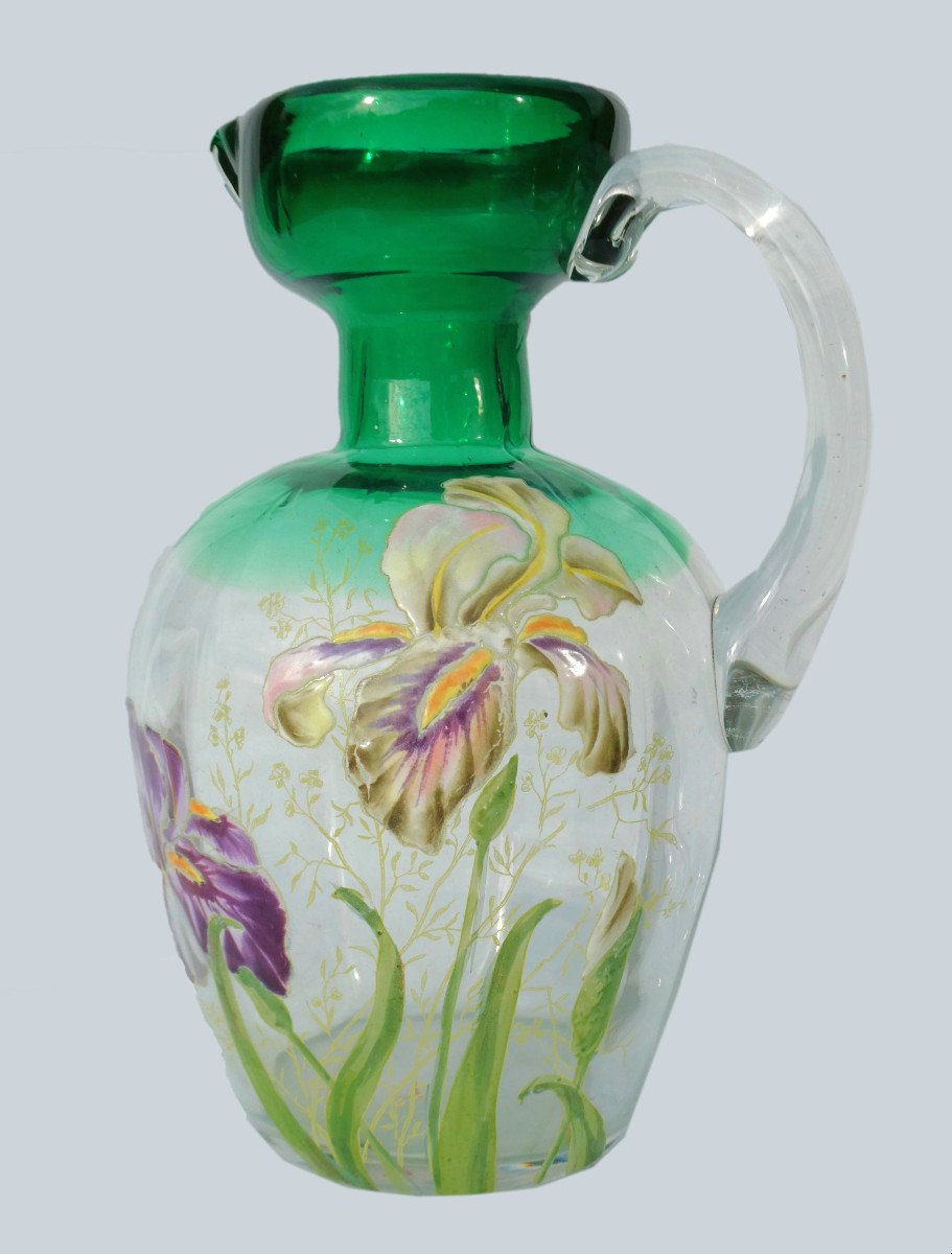 Broc En Verre Emaillé Legras , Décor d'Iris Style Art Nouveau , Epoque 1900 XIXe Carafe Pichet
