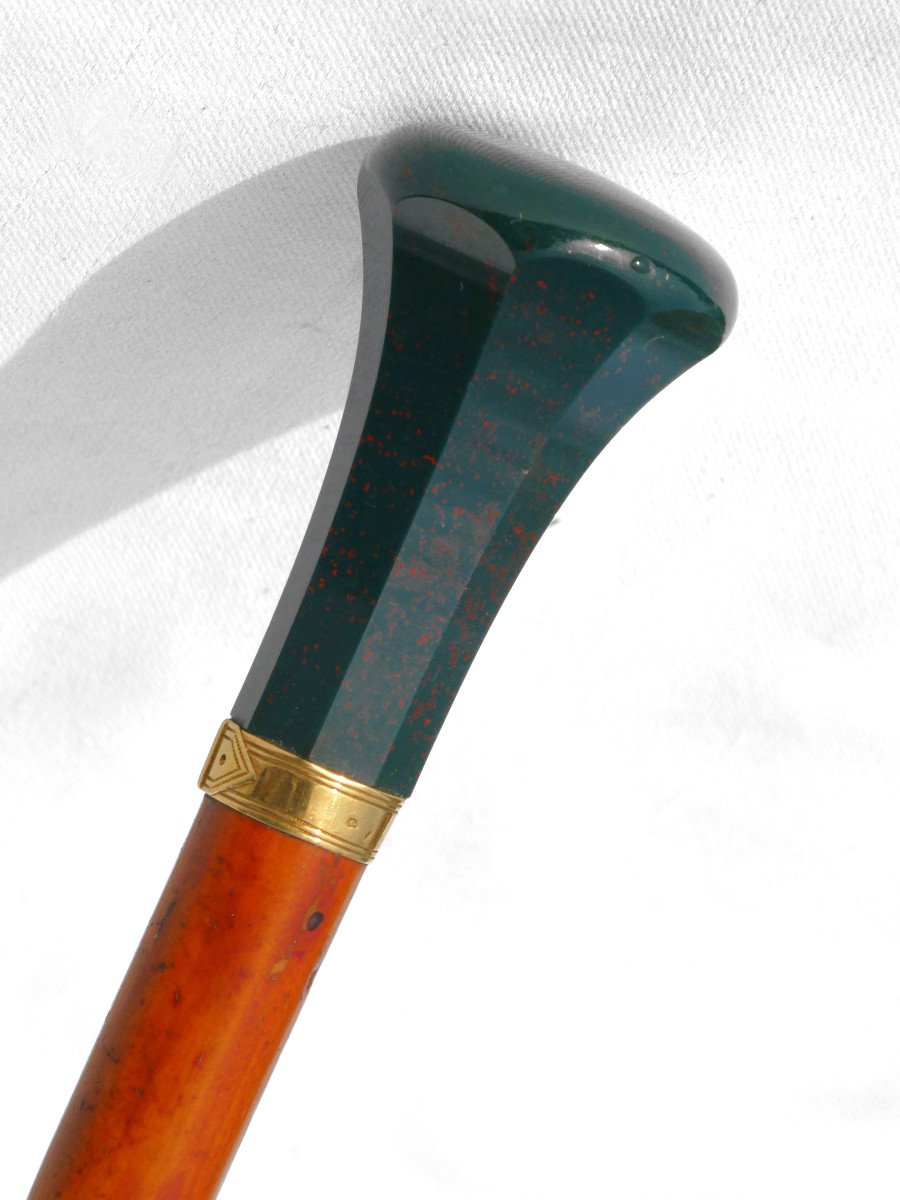 Walking Cane, Late 19th Century Period, Sanguine Jasper And Gold Handle, Dandy Accessory